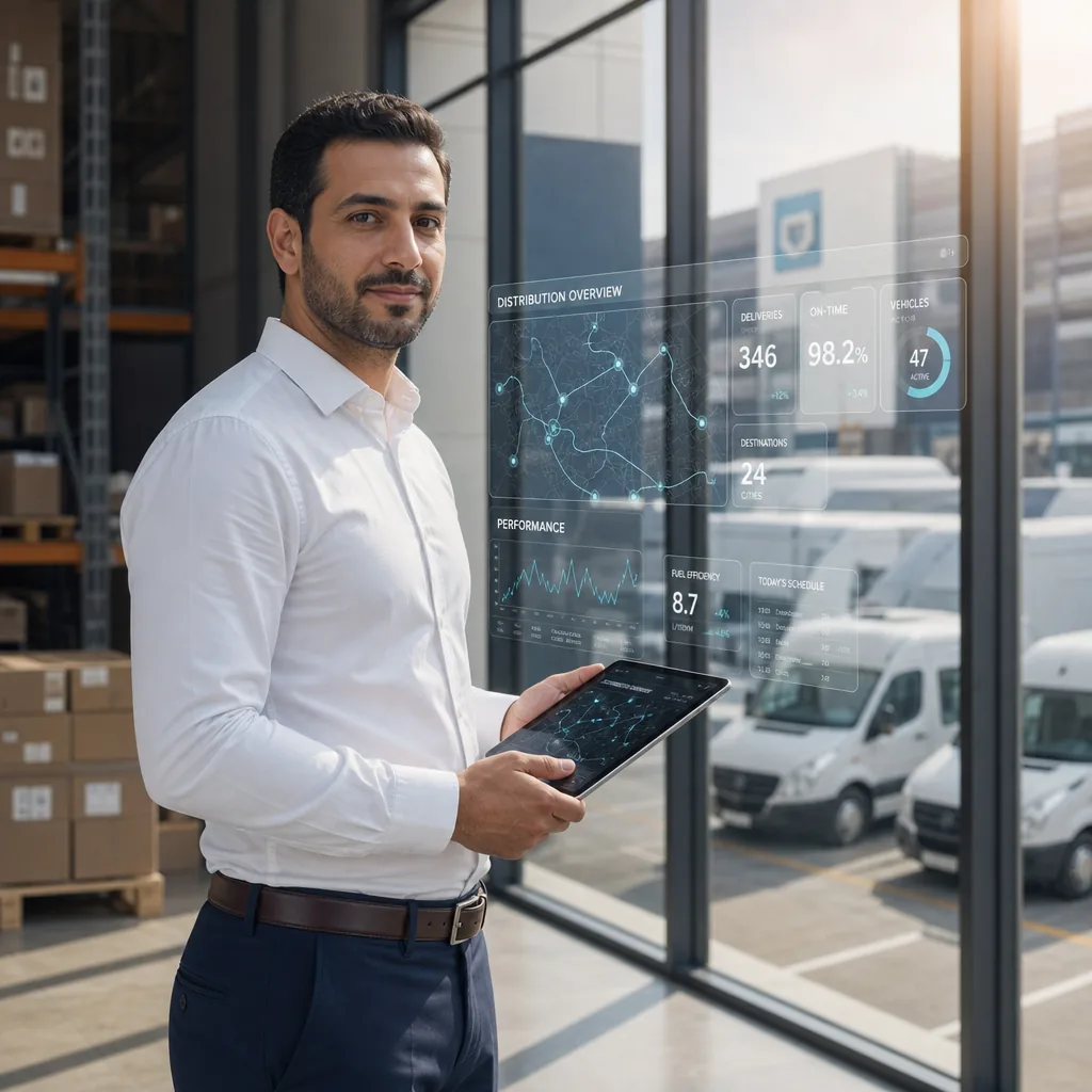 Modern MENA distribution hub with an Arabic-featured logistics manager in business-casual clothing holding a tablet showing distribution dashboards, holographic route maps and KPI widgets, white delivery vans, warm natural sunlight