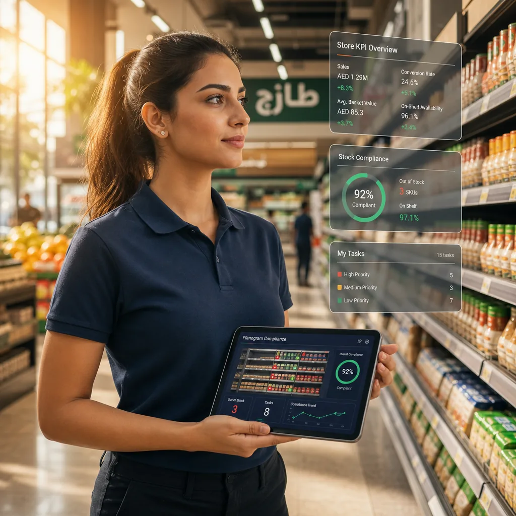 Merchandiser in a MENA retail store reviewing shelf planogram and compliance dashboards on a tablet