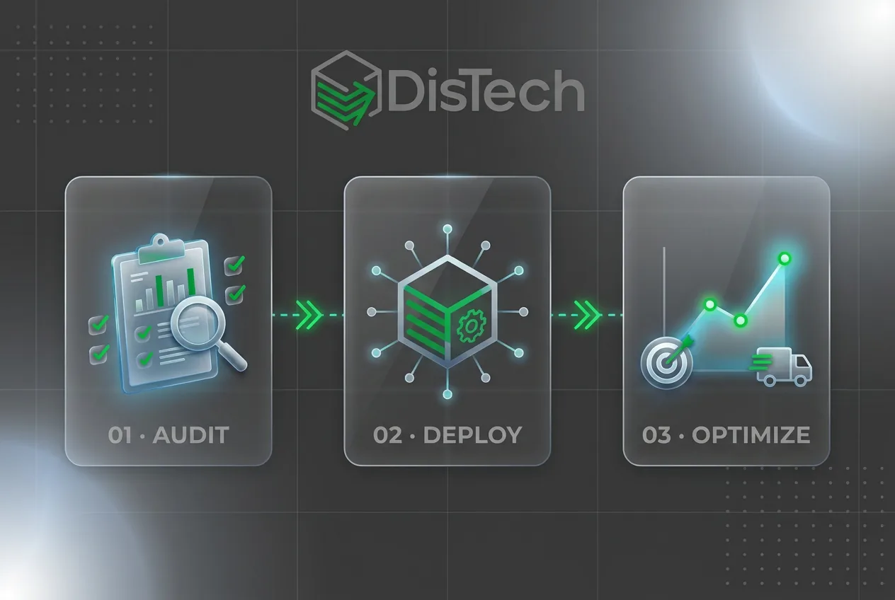 Infographic showing the DisTech methodology: Audit, Deploy, Optimize